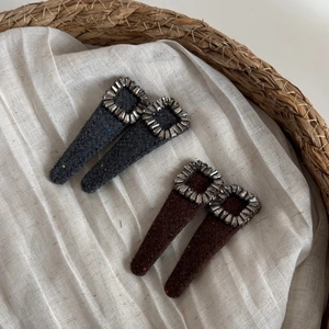Plush fabric BB hair clips with rectangular crystal buckle in dark grey and brown colors