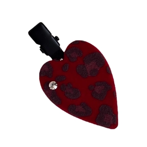 Leopard print heart-shaped flocking hair clip with rhinestones and duckbill grip