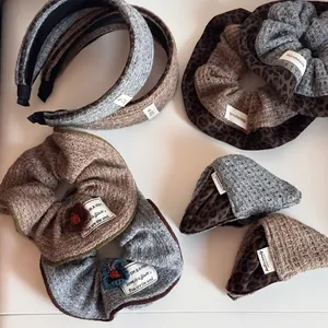 Korean Large Retro Knitted Leopard Patchwork Scrunchie Headband Hair Tie For Women Autumn Winter Fashion Hair Accessories