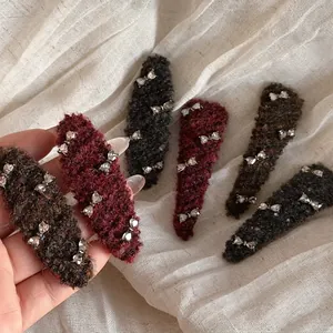 Elegant Woolen Fabric Bow Hair Clip With Rhinestone Autumn Winter Simple Barrette Women Daily Styling Decorative Hairpin