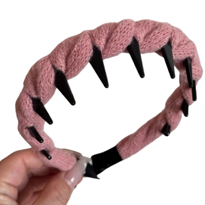 Punk style pink knitted headband with black spikes and non-slip hair teeth design