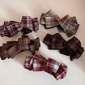 Vintage Plaid Fabric Bow Banana Hair Clip Elegant Large Vertical Claw Clip Sweet Hair Accessories For Women Girls
