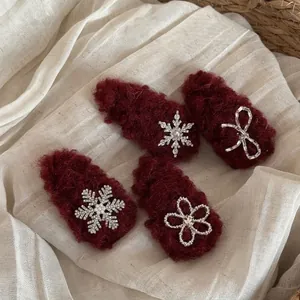 Luxury Burgundy Plush Hair Clips Rhinestone Flower Snowflake Bow BB Clips Winter Sweet Hair Accessories For Women