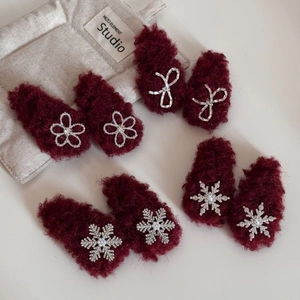 Set of 8 plush deep red flower and snowflake hair clips with silver rhinestones decor