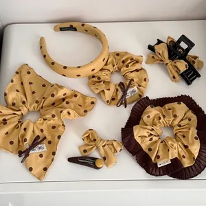 Ensemble d'Accessoires Cheveux à Pois Jaune Gingembre Style Coréen Chouchou Serre-tête Pince en Tissu pour Femmes Filles