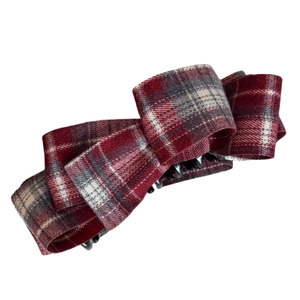 Elegant plaid bow hair claw clip with vintage red and grey tartan fabric for women