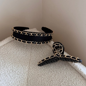 French Vintage Black Leather Gold Chain Hair Clip Headband Claw Clip Elegant Alloy Hair Accessories For Women Daily Wear