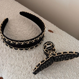 Elegant black leather and gold chain hair accessory set with headband and hair claw clip