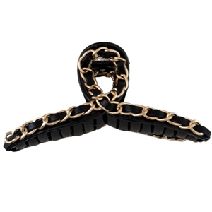 Classic Hepburn black leather gold chain hair claw clip for elegant women styling