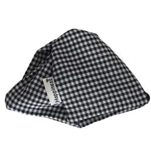 Korean style black and white gingham fabric scrunchie with a Happiness label