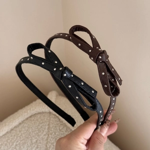 Sweet Vintage PU Leather Bow Headband For Women With Metal Rivets Polka Dot Style Elegant Hair Hoop Daily Hair Accessories