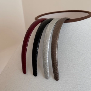 Set of four glossy faux leather slim headbands in burgundy, black, silver, and bronze colors