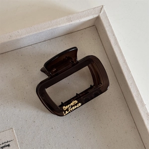 Macro shot of dark brown translucent square hair claw with gold Barrette La France text