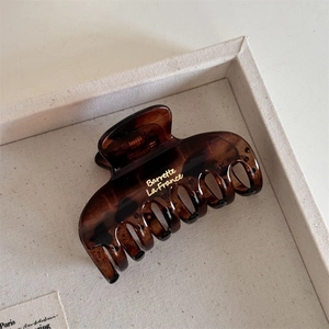 Detail of tortoise shell square hair claw clip with golden Barrette La France text