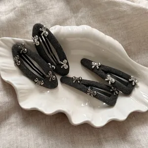 Women Vintage Gray Herringbone Fabric Wrapped Hair Clip Alloy Bowknot Rhinestone BB Snap Clip Elegant Side Bangs Hairpin