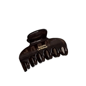 Minimalist square hair claw clip in translucent dark brown with golden Barrette lettering