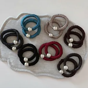 Simple Pleated Satin Scrunchies For Women High Elastic Hair Ties With Artificial Pearl Bead Elegant Solid Color Hair Accessories
