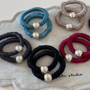Elegant satin pleated hair scrunchies with pearl accent in five assorted colors