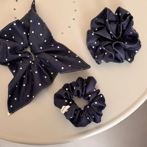 Three-piece navy denim polka dot hair scrunchies and bow set for women's hair styling