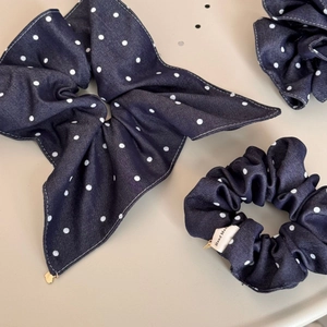 Navy blue polka dot denim scrunchie set with bow, handmade label and gold heart charm