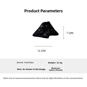 Detailed view of black satin bow hair claw clip with rhinestones and 13cm size specs