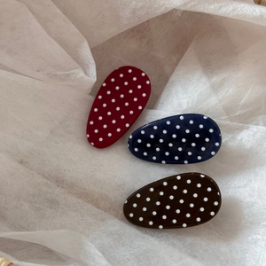 Three-piece Korean oval polka dot hair clips in red, navy, and dark brown colors