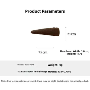 Detailed size chart showing a 7.3cm brown wool fabric headband with alloy base specs