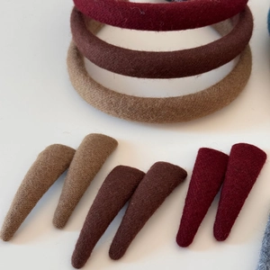 Three-color set of solid color wool felt padded headbands and matching triangle hair clips