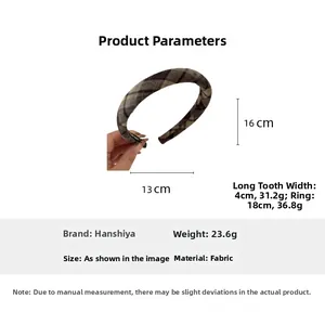 Brown plaid fabric headband with dimensions 13cm by 16cm and lightweight 23.6g design
