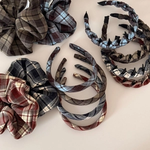Plaid pattern fabric scrunchies and headbands set in retro brown and blue colors