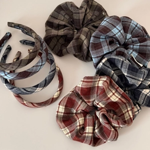 Classic British plaid oversized fabric scrunchies and headbands set in brown and blue