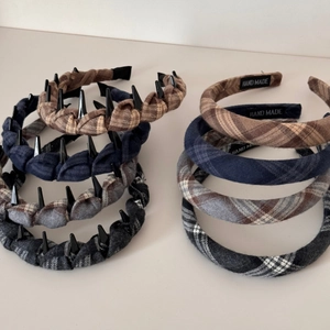 Brown plaid fabric scrunchie and punk rivet headbands in various autumn colors