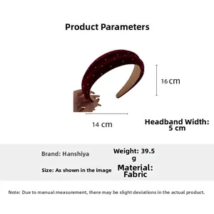 Detail view of burgundy padded headband with white dots showing 5cm width and 16cm height