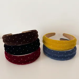 French Vintage Padded Velvet Headband With Small Rhinestones Wide Sponge Starry Sky Hairband For Women High Top Hair Accessories