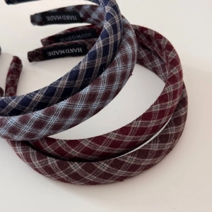 Classic plaid fabric headbands set with handmade labels in dark blue, brown and burgundy