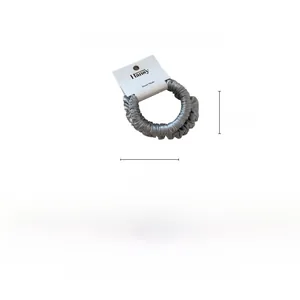 Detailed view of gray satin scrunchie with dimensions 8cm by 7cm and 11.4g weight