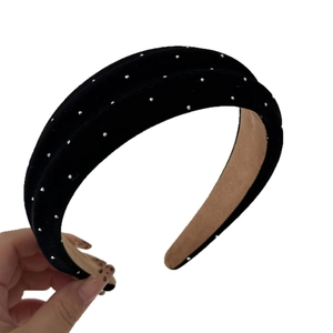 French vintage wide black velvet headband with silver rhinestones and sponge padding