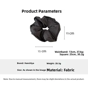 Detailed size specifications for large grey striped fabric scrunchie with 15cm diameter