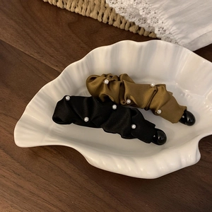 Vintage Satin Pleated Banana Clip With Faux Artificial Pearls Elegant Hair Clip Vertical Ponytail Holder For Women Hair Accessories