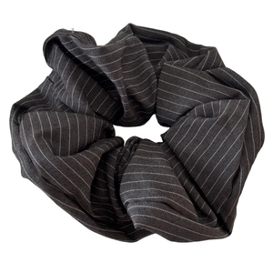 Elegant large dark grey striped scrunchie with a soft fabric texture for women hair