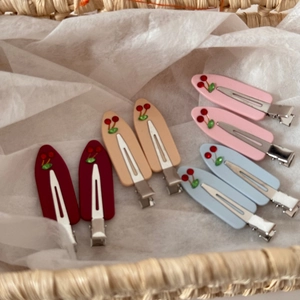 French retro acetate cherry hair clips with rhinestones in red, blue and pink
