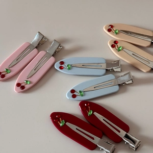 French vintage acetate cherry hair clips with rhinestones in four pastel colors