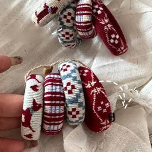 Close-up detail of premium jacquard thick cotton hair scrunchies with retro patterns