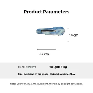 Blue marble acetate hair clip dimensions shown as 6.2cm long and 5.8g weight