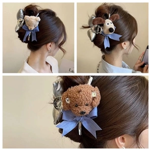 Pinze per capelli in peluche orso e cane con fiocchi blu e clip in metallo argentato lucido