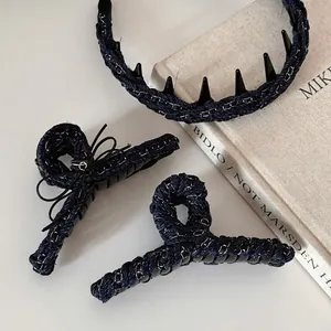 Navy Blue Denim Fabric Wrapped Chain Hair Claw Clip Elegant Bow Shark Clip Hairbands Korean Fashion Hair Accessories For Women