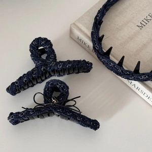 Dark blue denim hair accessory set including hair claw clips and non-slip headband