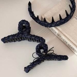Denim blue chain woven hair clip set with large shark clip and bow headband for women