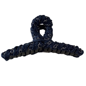 Navy blue denim fabric hair claw clip with white stitching and stylish chain wrap design
