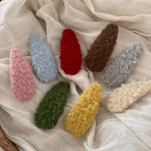 Set of eight colorful plush teddy fleece snap hair clips in soft autumn pastel colors
